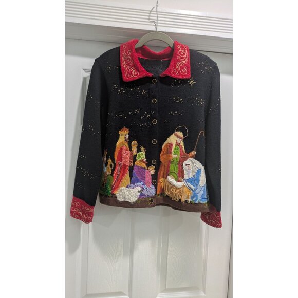 Vtg Design Options Christmas Cardigan Womens Small Nativity Holiday Sweater - Picture 1 of 12